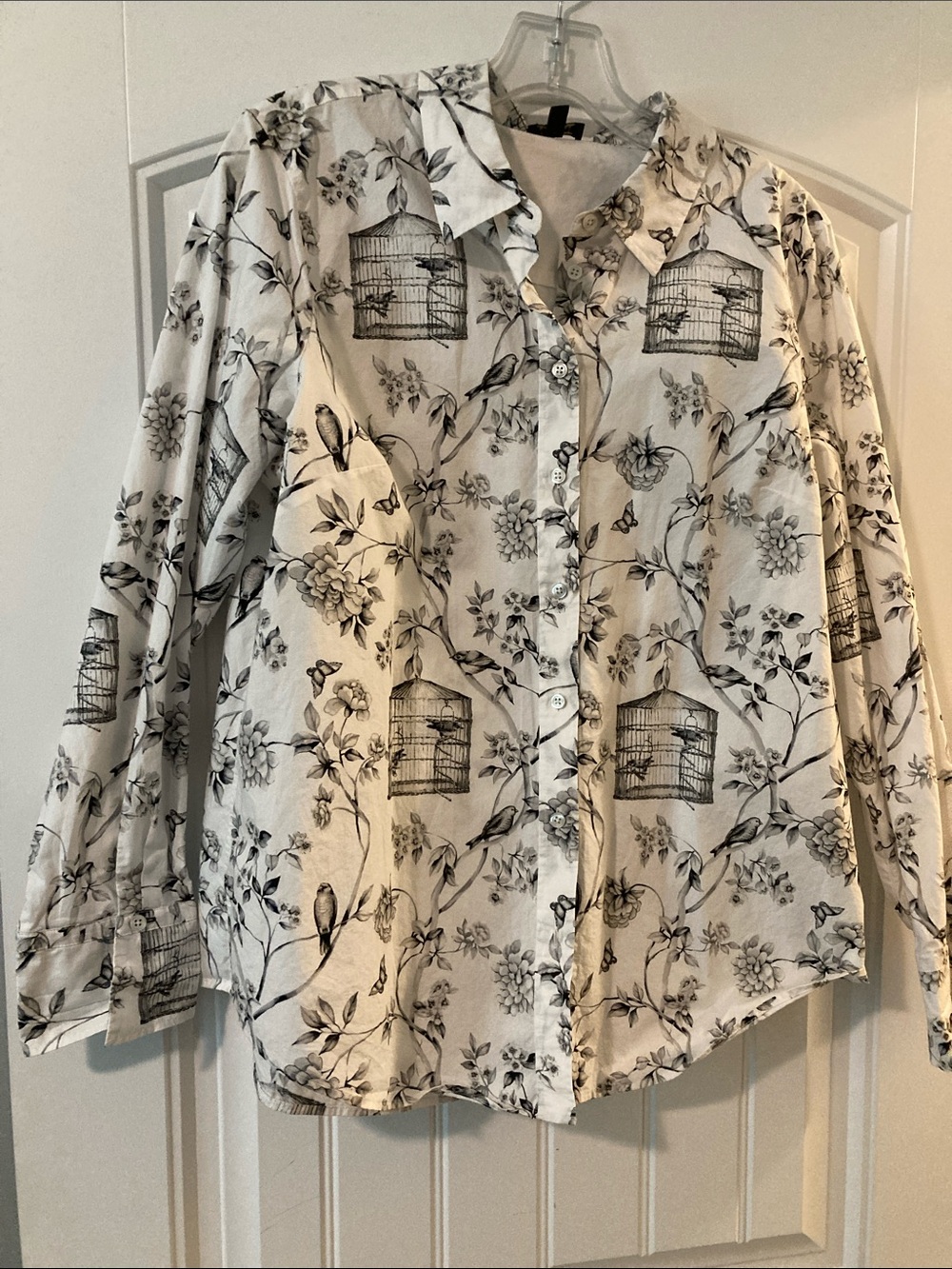 Talbots Cream Button-Front Shirt with Black Birdcage & Floral Print